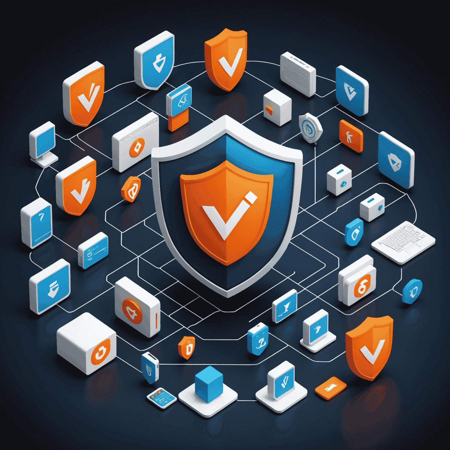 A dynamic 3D illustration showcasing various computer security tools like antivirus shields, VPN tunnels, and firewall barriers protecting a stylized computer or mobile device. The image uses a mix of blue, white, and orange colors on a dark background to represent security and technology.
