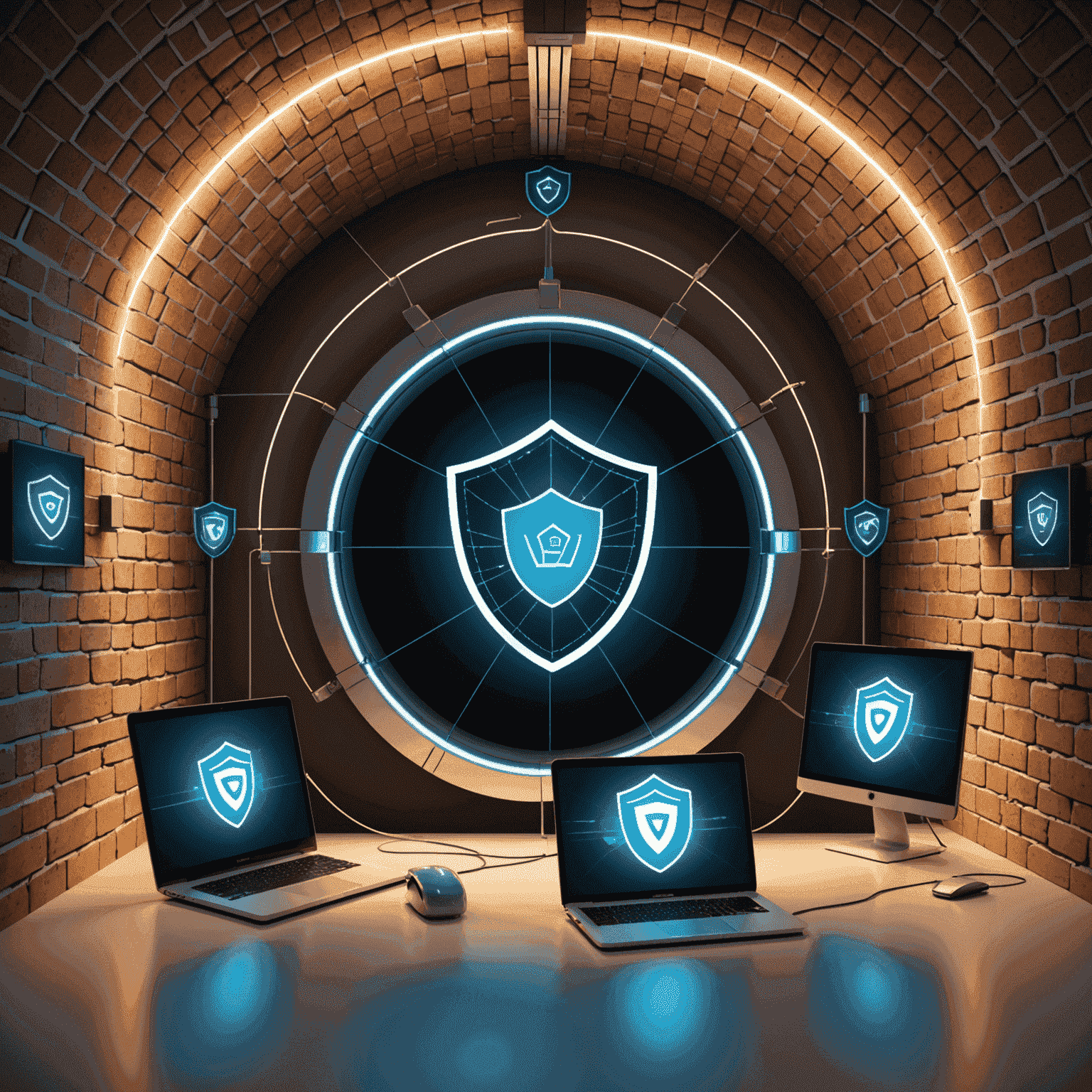 A secure network visualization showing a VPN tunnel protecting data flow between devices and the internet, with a shield icon representing privacy