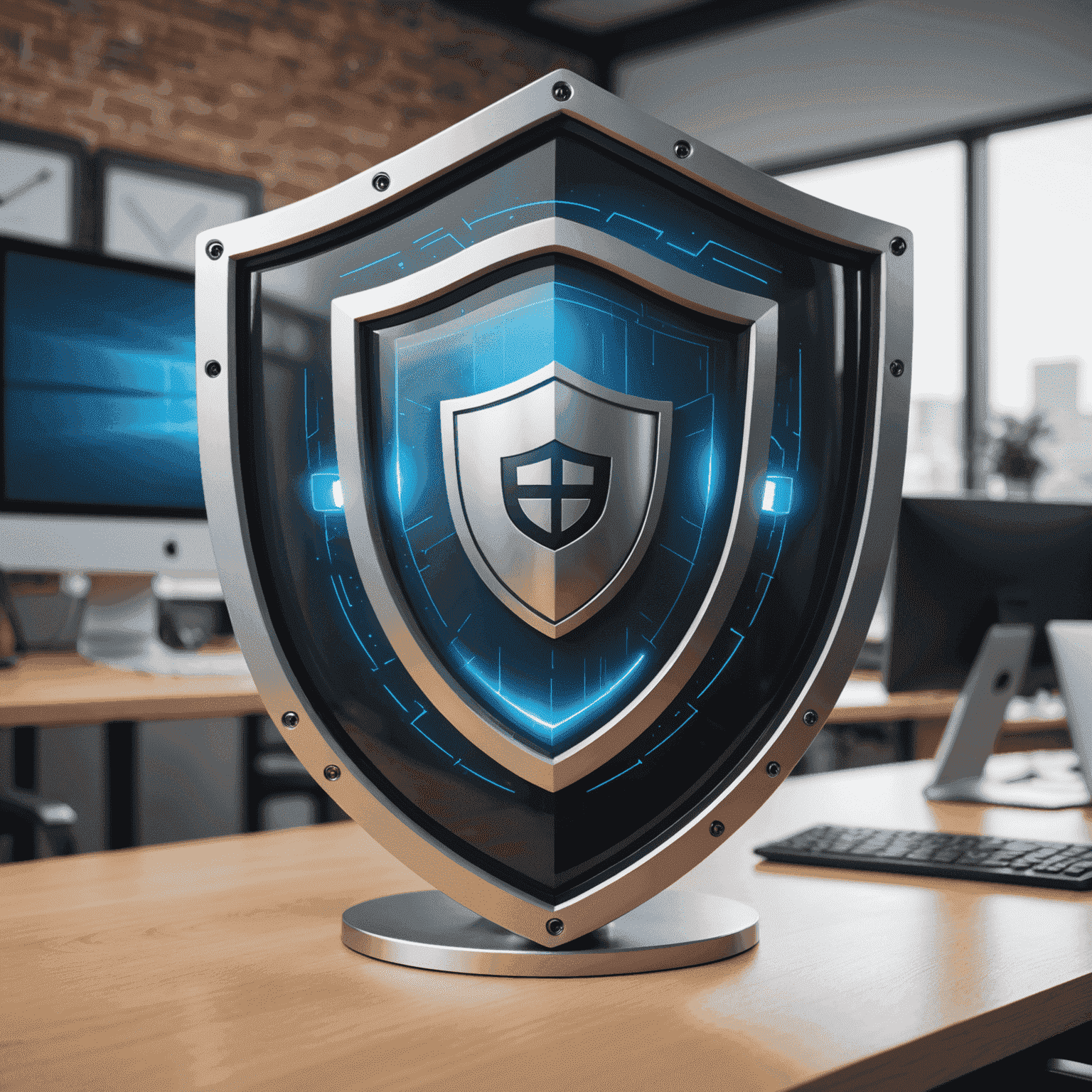 Real-time protection shield icon with a Windows PC in the background