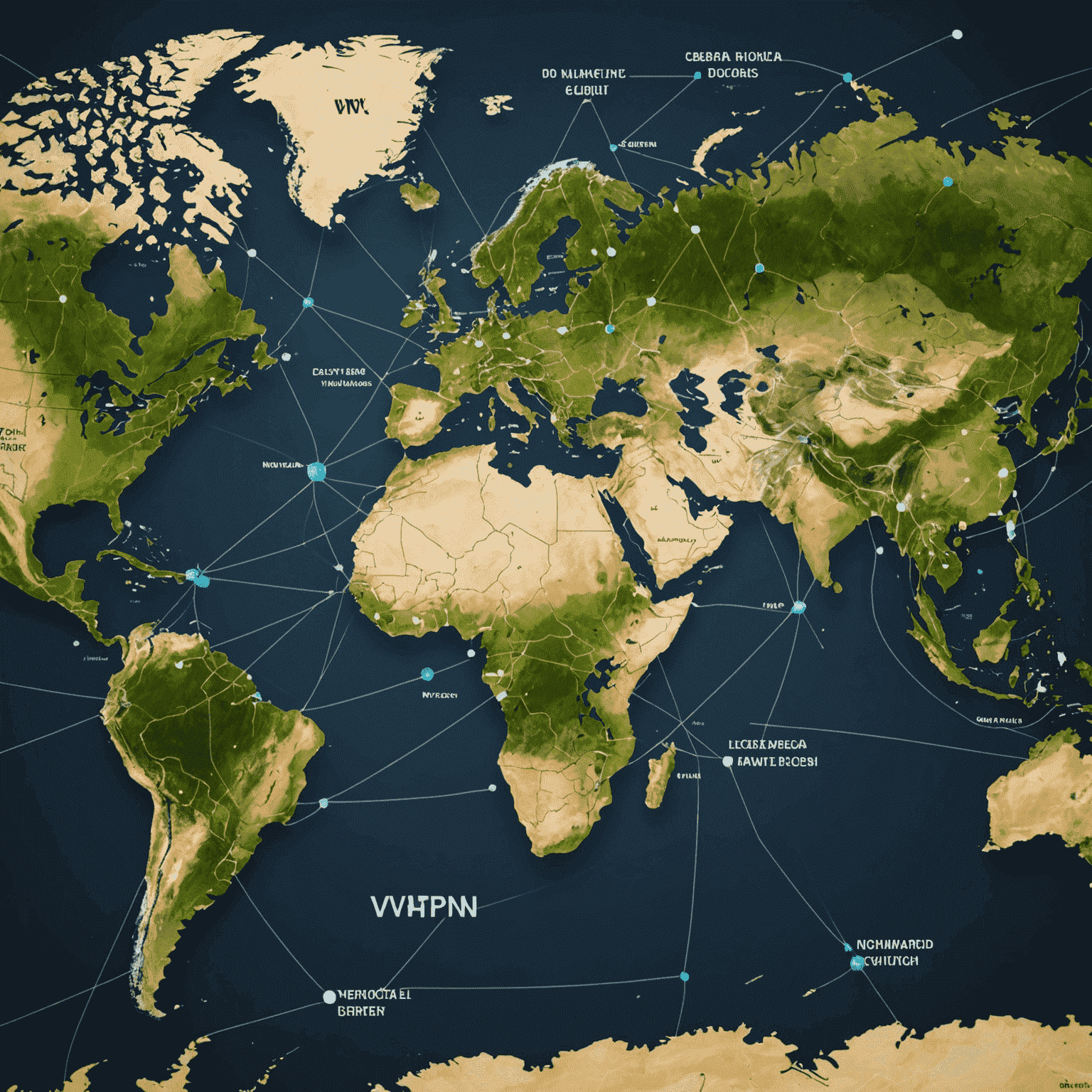 A world map showing VPN server locations with connected lines, emphasizing global reach and secure connections