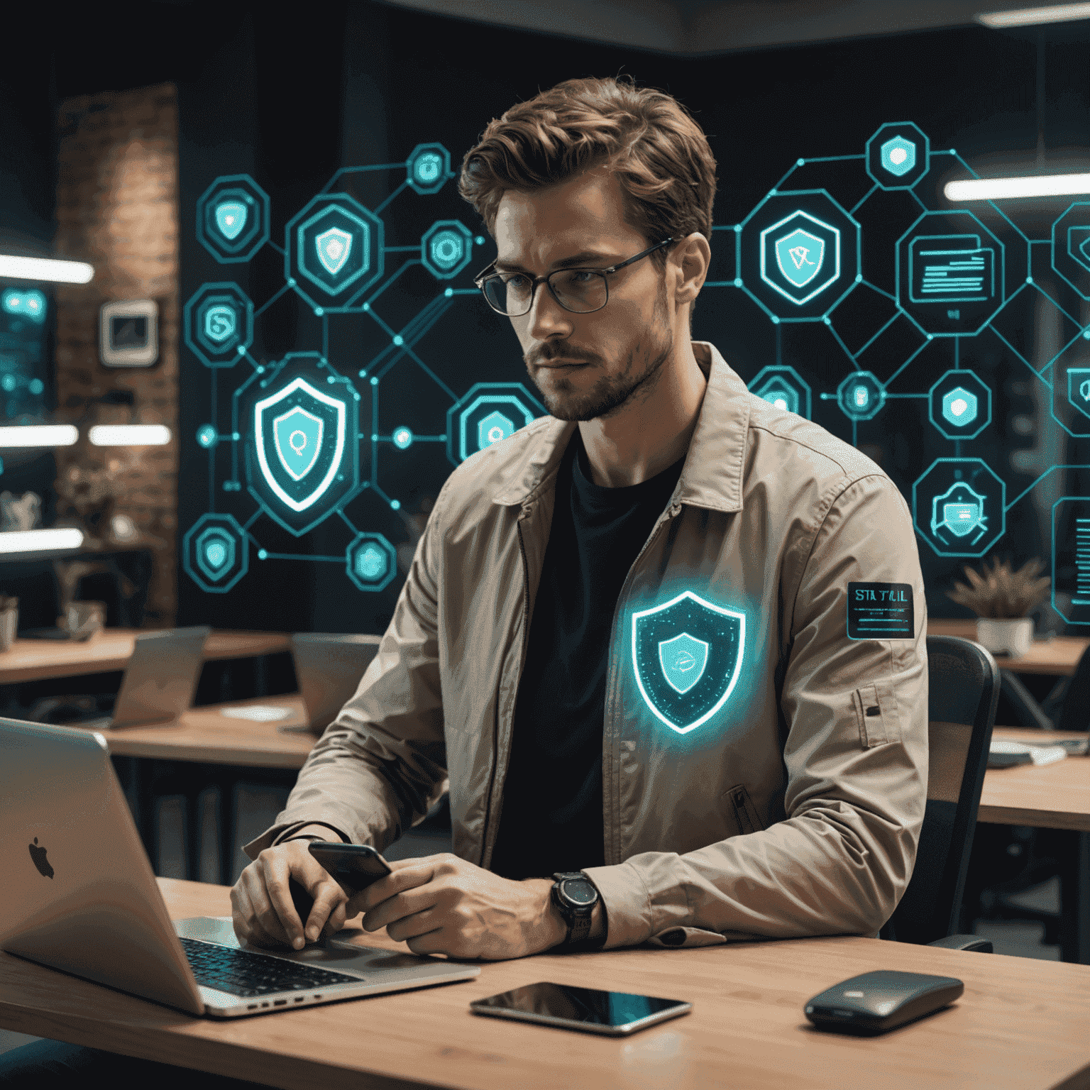 Secure digital lifestyle visualization with a person confidently using multiple devices protected by encryption shields