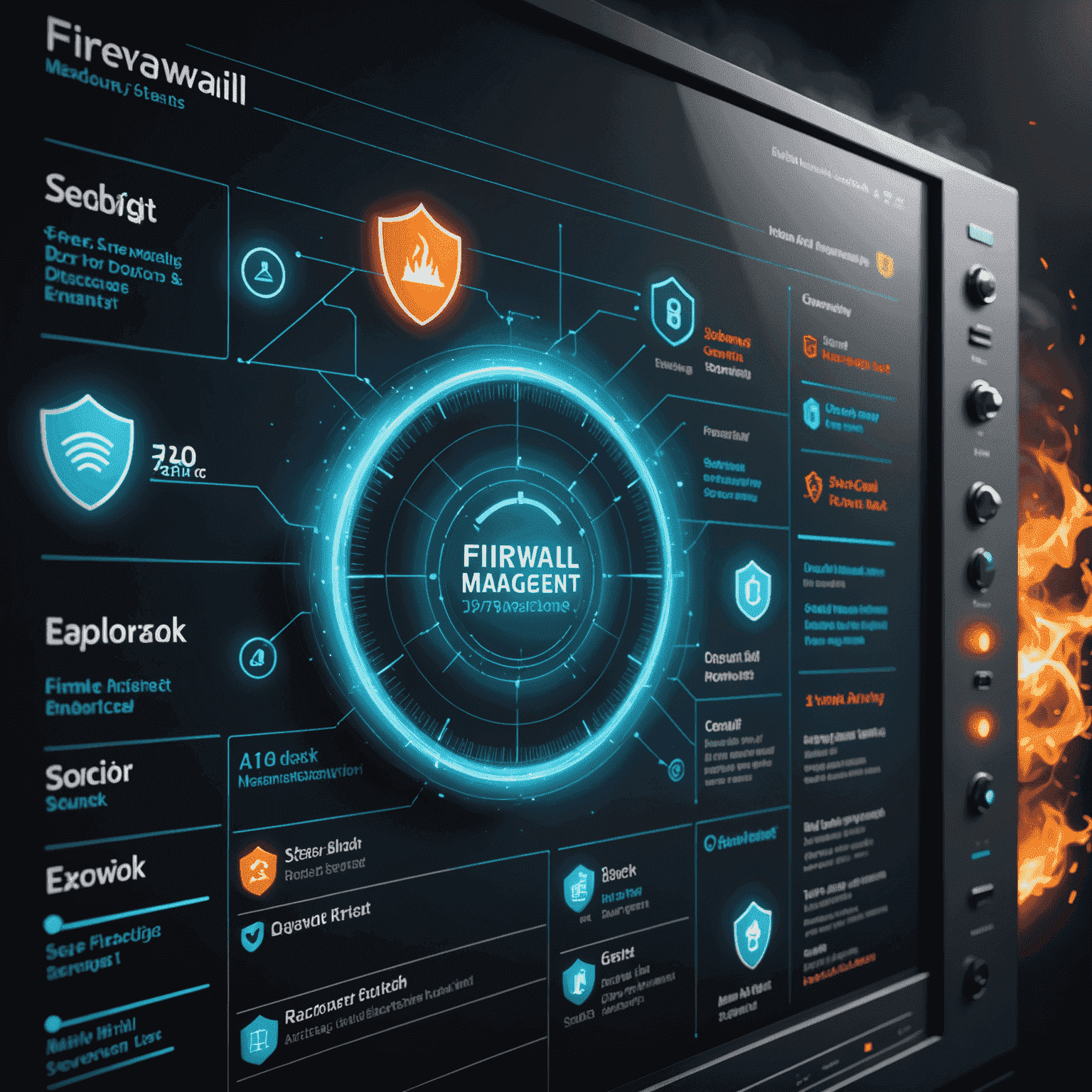 Firewall management interface displaying network activity and security rules